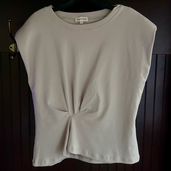 AARON & AMBER Beige Cap Sleeve Twist Blouse Top Minimalist Quiet Luxury | Size L - Picture 3 of 8